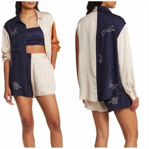 Sani Blouse Shorts Set Embroidered Leopard Colorblock Extra Small
